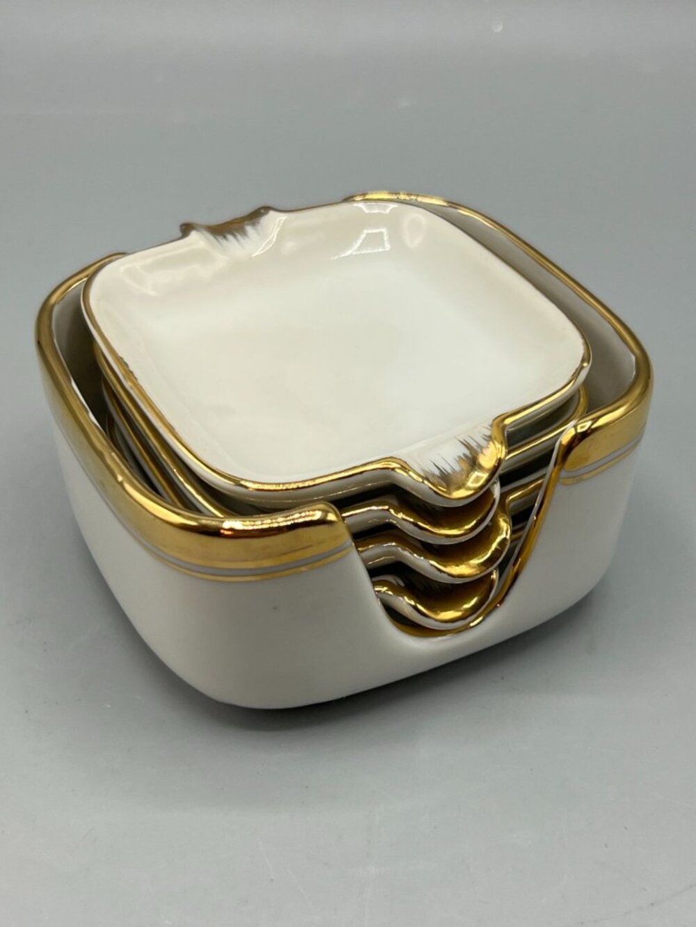 1960s Dining Table 4 Personal Ashtrays Set Gold Trim Vintage Elegant MCM Setting